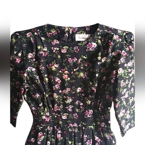 Worthington Dress Vintage 80s 90s Puffed 3/4 Sleeves Floral Pink on Black 10/12 - Picture 3 of 13